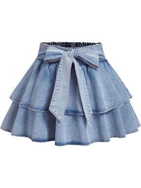 Plus Size Y2K Denim Mini Skirt with Bow Tie, Ruffle & Tiered Design - Cute Jean